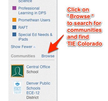 Click on "Browse" to search for communities and find TIE Colorado.